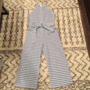 blue and white Striped cropped jumpsuit